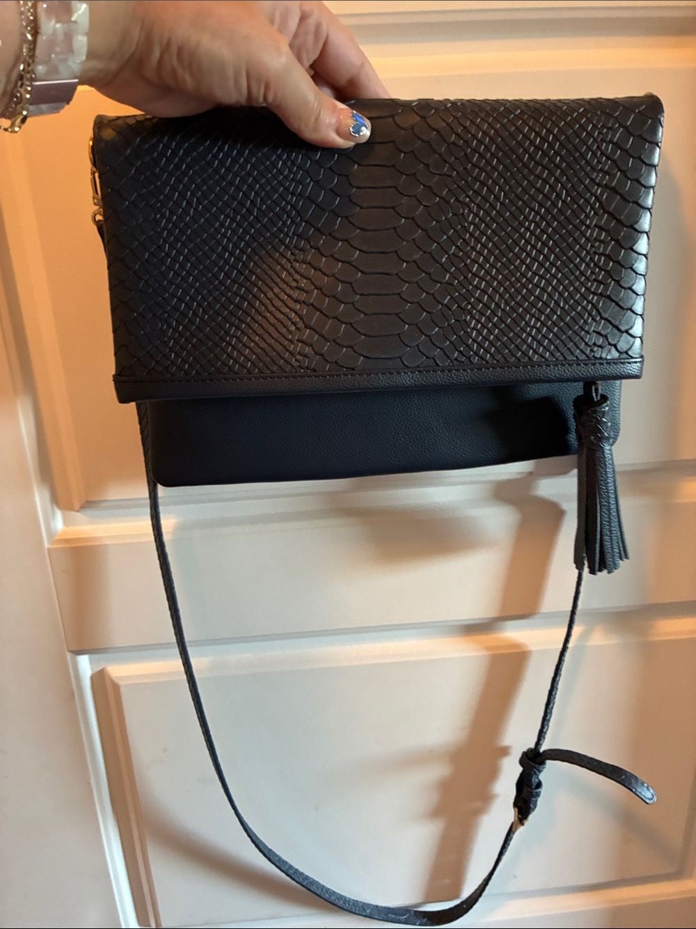 GiGi New York Blue Textured Snake-Embossed Leather Crossbody with Tassel